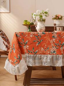 1pc Nordic Mink Velvet Floral & Bird Print Tablecloth, French Luxury Printed Tablecloth With Ruffle Edge, Suitable For Dining Room, Coffee Table, Living Room, Bedroom, Kitchen, Home Decor, Great For Party, Picnic, Wedding - Orange - View 7