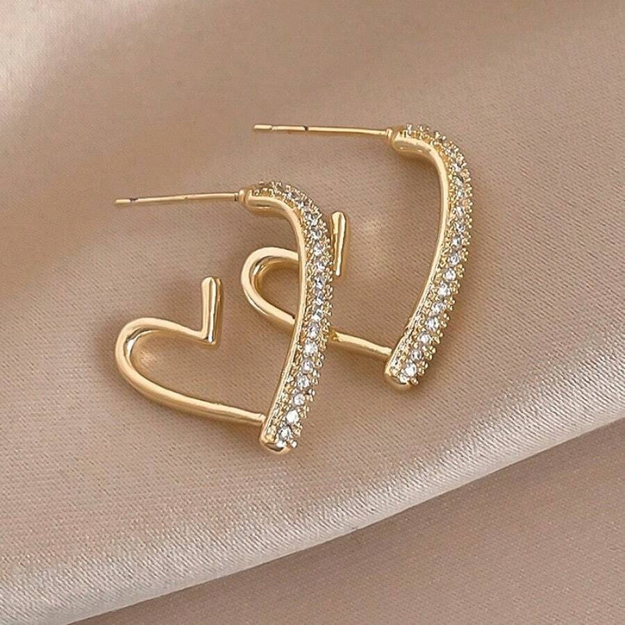 1 Pair Of Gold Heart Earrings, Perfect For Wearing At Parties, Weddings, Work Settings, And In Daily Life; An Ideal Gift Choice For Fashionable Girls And Women - Vàng - Xem 1