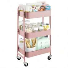 Carrito de Alenamiento Metal con 3 Niveles Carrito de Utilidad móvil Organizador con Ruedas Fácil de Montar para Oficina para Baño Cocina Salón Oficina Rosa - Rosa -0 - Ver 1