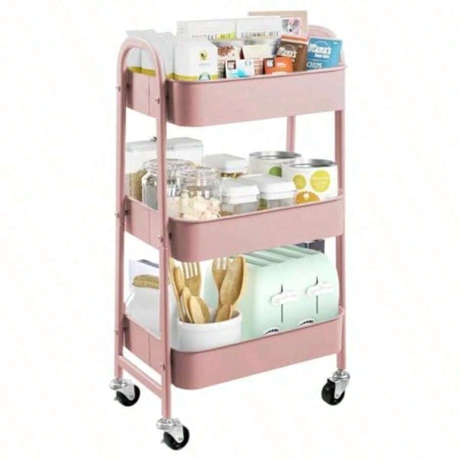 Carrito de Alenamiento Metal con 3 Niveles Carrito de Utilidad móvil Organizador con Ruedas Fácil de Montar para Oficina para Baño Cocina Salón Oficina Rosa - Rosa -0 - Ver 1