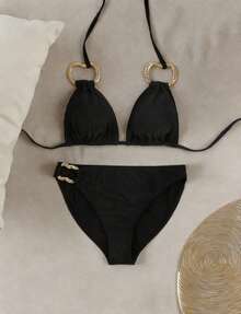 Plus Size Women's New Summer Sequin Solid Color Buckle Decor Two Pieces Bikini, Suitable For Vacation, Beach Date, Valentine's Day Tie Swimsuit Set - Black - View 4