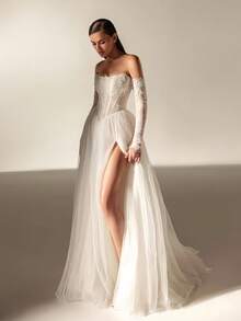 Romantic-Glam Strapless Lace Corset Off-The-Shoulder Long Sleeve Tulle Wedding Dress With High-Thigh Slit, Wedding Dresses For Bride, Elegant And Comfortable, Includes Plus Sizes, Bridal Gown, Formal Dresses For Women, Suitable For Wedding, Party, Vacation, Bride, Formal Occasions, Dinner Dress, Prom Dress, After-Party Dress, Homecoming Dress, Cocktail Party, Birthday Party, Celebration, Gala, Festival, Ceremony - 白色 - 查看 4