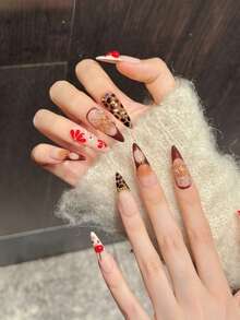 10Pcs Fake Nails With Cherry Leopard Print Long Pointed Design Pressure On Nail For Hot Girl Dress Matching Nail Supplies - Multicolor - View 3