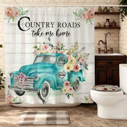 1pc Country Roads Vintage Truck Shower Curtain Rustic Decor With Floral Truck & Lettering Pattern Home Bath Decoration Anti Mold Fabric Material Hooks Included Bathroom Shower