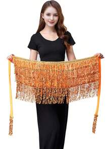 Sequin Belly Dance Scarf Tassel Wrap Sparkly Fringe Skirt With Pair Heart Party Rave Costume Women - 橘子 - 查看 2