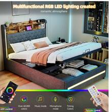 OYAJIA LED Double Size LED Platform Bed Frame OTTOMAN Lift Up Storage Bed Frame And Crystal Button-Tufted Storage Headboard, Soft Modern Fabric Upholstered Bed Frame 4ft6 Double Size, No Box Spring Needed, Easy Assembly, Grey - 灰色 - 查看 2