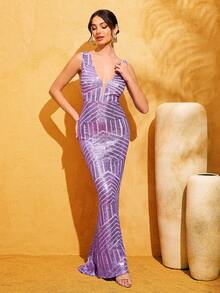 LOVE&LEMONADE Deep V-Neck Sleeveless Mesh Patchwork Geometric Sequin Maxi Fish Tail Party Evening Dress, Light Purple Vacation Wedding - Mauve Purple - View 6