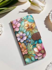 1PC Premium Durable Flip Wallet Phone Case Colorful Flowers With Gold Trim Art Pattern Design Compatible With IPhone 17/16/15/14/13/12 Series (Including Pro Max And Plus Models) With Foldable Stand And Credit Card Slots, Custom Made For Those Who Pursue Fashion And Perfection. - màu nâu - Xem 3