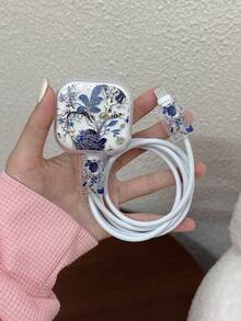 4-In-1 Set (1pc Shock-Proof Phone Case + 2pcs Data Cable Protectors + 1pc UK Plug Charger Adapter Cover) With UV Printed Blue Flower Pattern, Compatible With Apple 7/8/7+/8+/X/XS/XR/XSMax/11/11Pro/11ProMax/12/12Pro/12ProMax/12Mini/13/13Pro/13ProMax/13Mini/14/14Pro/14Plus/14ProMax/15/15Pro/15Plus/15ProMax/16/16RRO/16Plus/16ProMax/17/17Pro/17ProMax/Air Phones - Multicolor - View 3