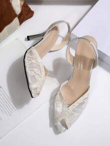 1 Pair White Pointed Toe Lace Elegant High Heel Wedding Party Dress Sandals For Girl - White - View 2