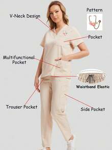 Scrubs Set For Women Dentist Nurse Uniforms Scrubs Suit V-Neck Tops And Cargo Pants Nurse Beauty Salon Workwear With Pattern