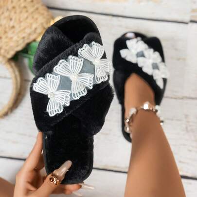 女士印花布艺交叉绑带拖鞋，时尚休闲蕾丝家居拖鞋，秋冬款