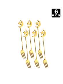 2/4/6/8/12件套不锈钢餐具，月亮和星星图案，适合下午茶和甜点，斋月礼物 - 金色 - 查看 9