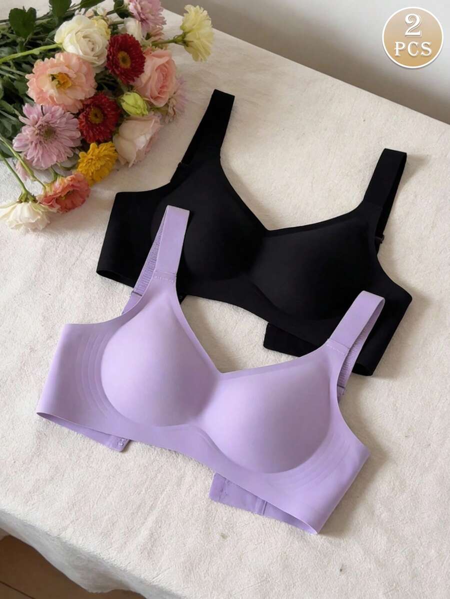 2pcs/Set Minimalist Comfortable Sports Bras For Women, Wireless, Solid Color - Multicolor - View 1