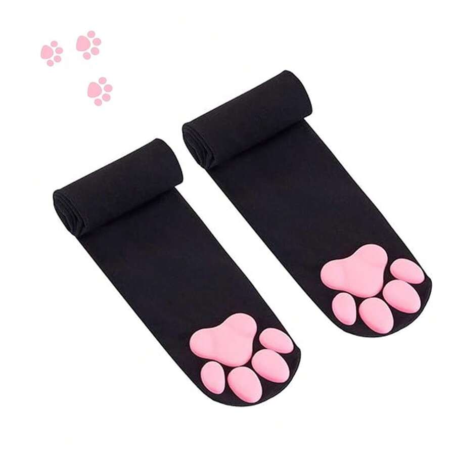 1 Pair 3D Cat Paw Meat Pad Knee High Socks, Home Floor Socks,Creative Funny Socks For Girls - màu đen - Xem 1