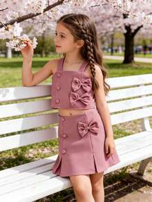 2pcs/Set Girls Cute Pink Outfit: Bow Strap Camisole + Side Button Shorts, Refreshing Summer Wear For Toddlers - Pink - View 3