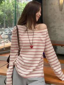 Casual Colorblock Striped Long Sleeve Top, Autumn - Beige Stripes - View 9
