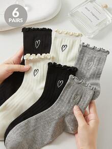 6双女士心形图案袜子，黑色、白色和灰色蕾丝边袜子，可搭配任何鞋子 - 彩色 - 查看 8
