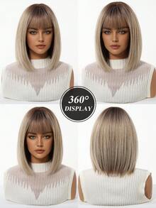 12-Inch Short Ombre Brown Synthetic Natural Looking Wig, Women's Bob Style With Bangs, Heat Resistant, For Everyday Wear, Cosplay, Party - Brown Ombre - View 6