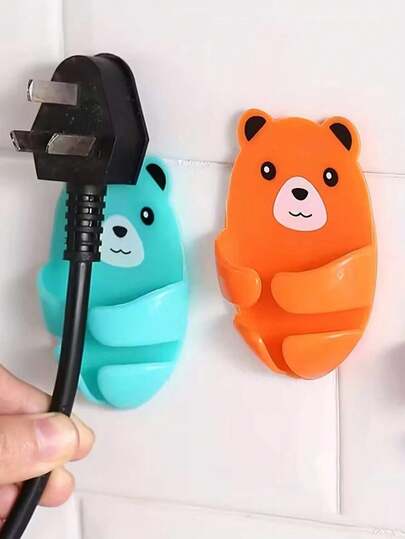 [4 Packs Cartoon Bear Wall-Mounted Power Socket Storage Rack + 2 Cable Organizers] 4 Packs Cartoon Bear Wall-Mounted Power Socket Storage Racks, Strong Adhesive Cable Organizers, Easy-To-Install Kitchen Wall Socket Storage Rack, Practical Hooks, Stylish Design, Plastic Material, Multi-Functional Hooks.