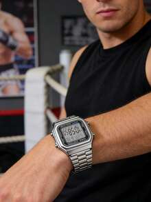 Casio Unisex Fashion Electronic Watch, Retro Stainless Steel Strap, Square Dial, With Calendar, Alarm And Stopwatch Functions, Waterproof Design, Suitable For Daily Wear - Black and Silver - View 4