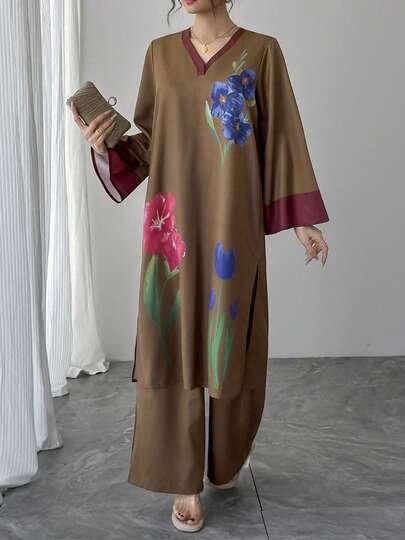 两件套女士套装，棕色碎花V领喇叭袖长款套头衫+棕色弹力腰阔腿裤，优雅阿拉伯风格奢华撞色正式套装，适合派对、假日、日常穿着。