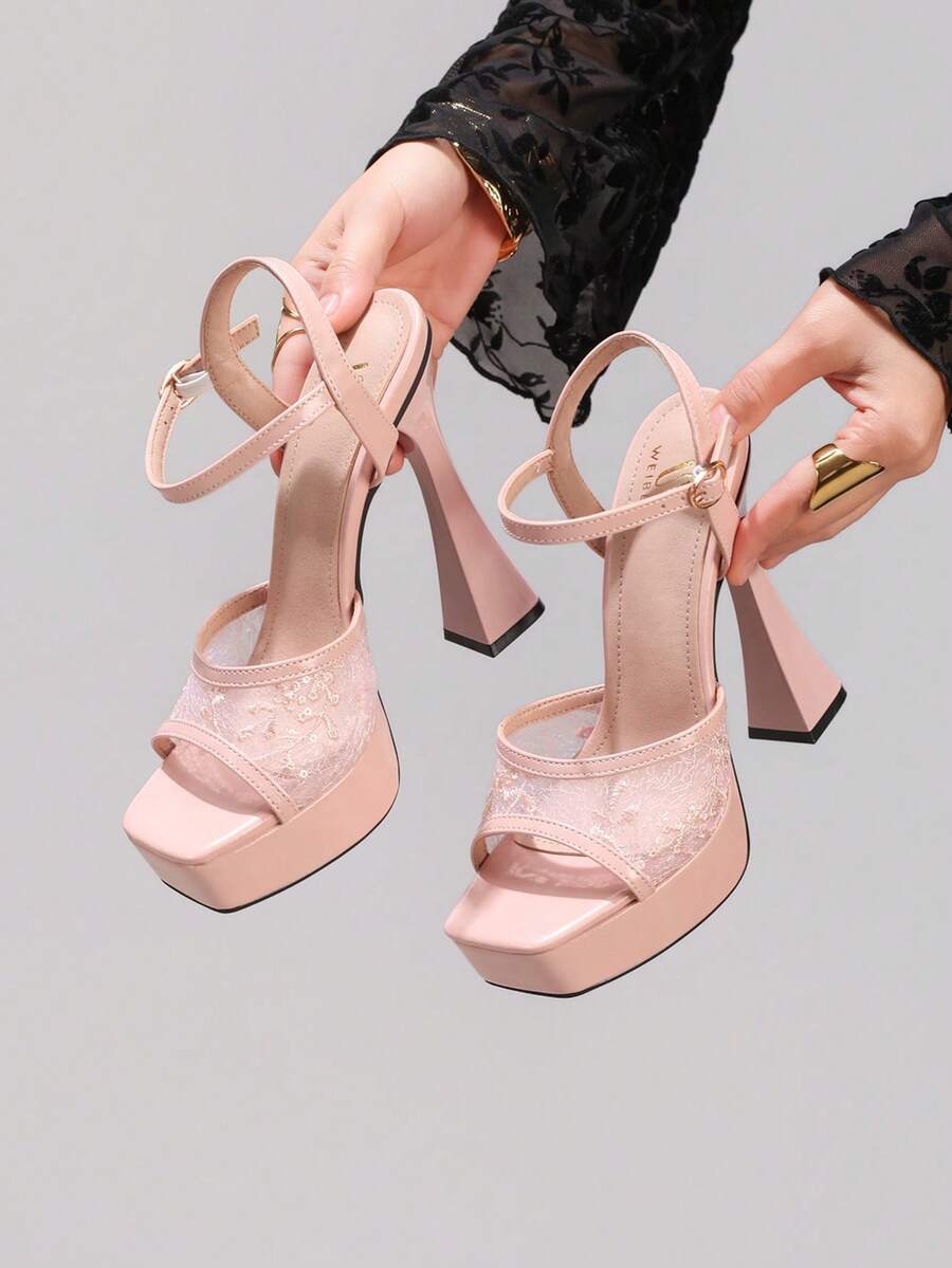 Giày sandal cao gót đế xuồng ren thời trang, giày dự tiệc gợi cảm, sandal hở mũi gót vuông, giày cao gót sàn catwalk dành cho nữ. - Hồng - Xem 1