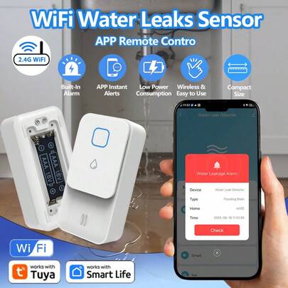 เซ็นเซอร์ตรวจจับการรั่วไหลของน้ำ WiFi แบบ Graffiti, กันน้ำ, เครื่องตรวจจับการรั่วไหลของน้ำอัจฉริยะ, สัญญาณเตือน 90dB, การแจ้งเตือนแบบพุชของแอป Smart Life, เครื่องตรวจจับไร้สาย, เหมาะสำหรับห้องครัว, ห้องน้ำ, ห้องซักรีดและห้องใต้ดิน, เข้ากันได้กับ Graffiti Smart หรือแอป Smart Life (ความถี่ 2.4GHz เท่านั้น)