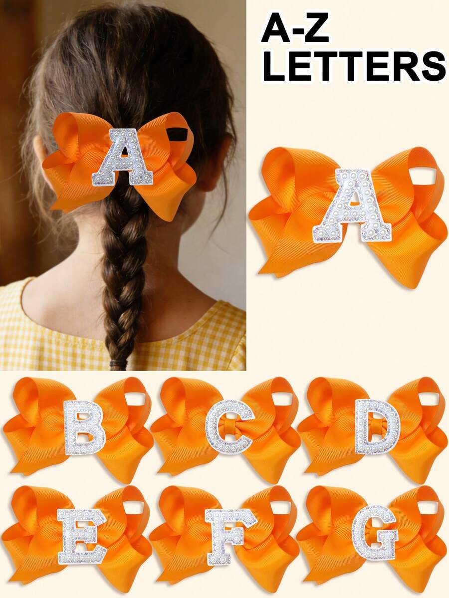 1pc 5 Inch 26 Letters A-Z Pearl Letters Personalized Back To School Ponytail Girl Hair Bow Teenagers Girl Hair Bows With Clips For Festivals Party School Girls Graduation Season Hairgrips For First Day Of School Classroom Girls Students,Teenagers Hair Accessories - 橘色 - 查看 1