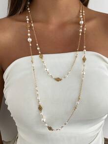 2pcs/Set Bohemian Style CCB Faux Pearl Hollow Geometric Women Fashion Necklace, Elegant Luxury Casual Daily, Party, Couple Date, Vacation, Women's Festival Birthday Versatile Charm Jewelry Gift - Necklace - View 14