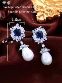 一对优雅的白色珍珠吊坠耳环，镀银立方氧化锆首饰，适合新娘、伴娘、订婚、宴会、派对、舞会、情人节、生日、周年纪念日等场合佩戴。 - 1pcs of Earrings - 查看 3