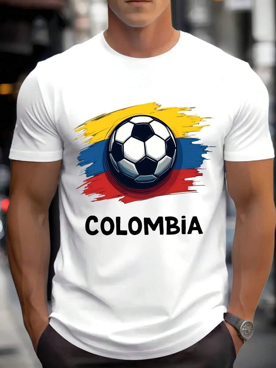 Men's Soccer Ball With Colombian Flag Print Round Neck T Shirt For Sports And Casual Wear Comfortable Fabric Suitable For Gifting - trắng - Xem 1