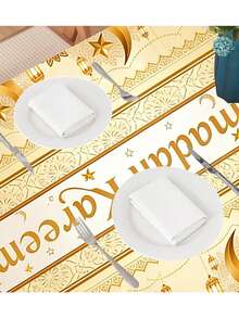 1pc Gold Polyester Eid Tablecloth, 100% Polyester, Moon Lantern & Floral Design, Eid Tablecloth, Suitable For Home Kitchen Dining Room Decor, Islamic Ramadan Party Supplies, For Eid Al-Fitr And Eid Al-Adha Celebrations - Orange - View 3