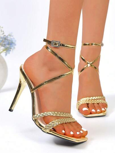Women's Square Toe Stiletto High Heel Sandals, Multi-Strap Design Party Dress Heels, Suitable For Commuting, Shopping, Night Out,Fashion Party,Solid Color High Heel,Sandals, Thanksgiving & Christmas Special Offer