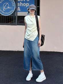 休闲时尚水洗开衩中长牛仔裙 春季 - 霧霾藍 - 查看 5