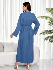 Women's Elegant Blue V-Neck Long Sleeve Wrap Maxi Dress With Side Tie Hem - Teal Blue - View 2
