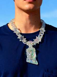 Jesus Portrait Pendant Necklace With Transparent Multicolor Acrylic Thorns Chain, Suitable For Men - Colorful - View 7