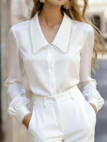 Women's Satin Shirt, Long-Sleeve Collared Button-Up Shirt, Regular Fit, Suitable For Wearing In Summer, Spring, And Autumn White - White - View 4