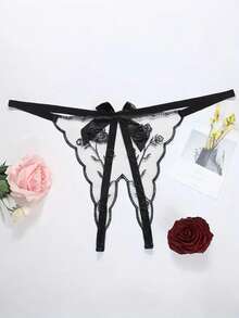 Tanga transparente con diseño de doble flor rojo rosa bordado, tanga de tiro bajo con abertura en la entrepierna, lencería de moda para mujer - Negro - Ver 6