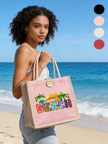 Coconut Tree Seaside Pattern Storage Bag And Cosmetic Bag Set, Linen Tote Bag, Colorful Beach Letters Pattern Gift Bag,Portable Shopping Bag, Lightweight Foldable Storage Bag, Minimalist Shopping Bag, Best Reusable Grocery Bag, Teacher'S Day Gift Bag, Valentine'S Day Gifts, Ramadan Mubarak, Ramadan Gifts,Back-To-School Gift, Summer Vacation, Beach Trip - Multicolor - View 8