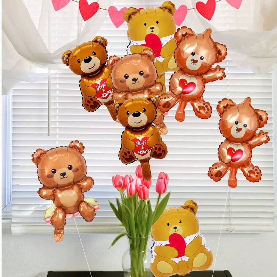8件套情人节小熊爱心铝箔气球套装，包含可爱的小熊拥抱爱心铝箔气球，适用于情人节主题派对、生日派对、“我爱你”气球、情人节装饰、浪漫爱心装饰、浪漫特别之夜、告白场景装饰、婚礼、周年纪念、单身派对、爱情墙饰、求婚、拥抱亲吻等场合。 - 彩色 - 查看 1