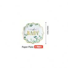 White Base Green Leaf "Oh Baby" Petal Shaped Disposable Plates, Napkins, Cups - One-Time Party Supplies Set, Fits 25 Guests, Disposable Paper Plates Party Tableware Suitable For Birthday, Wedding, Theme Party, Family Picnic - Multicolor - View 7