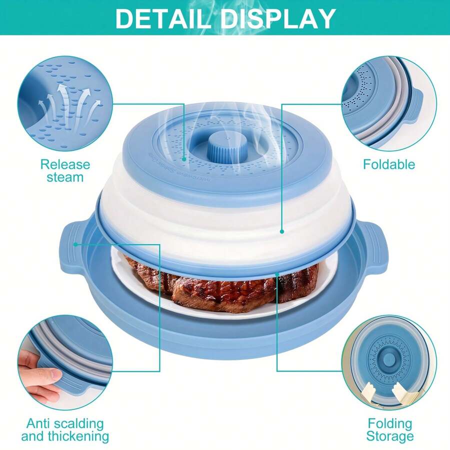 2025 New Microwave Food Splash Guard & Base Mat - 10.5" Foldable Ventilated Cover With Anti-Scalding & Thickening Design, Durable Plastic & Silicone For Kitchen & Dining Room Safety - Màu xanh nhạt - Xem 1