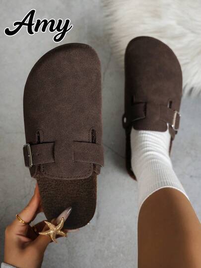 Women's Casual Solid Color Suede Slip-On Mule Slippers, Available In Thermal-Lined And Non-Thermal Versions