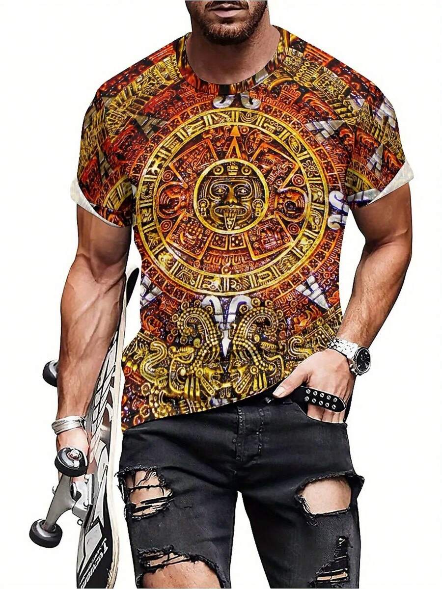 Men's Maya-Inspired 3D Print T-Shirt - Full-Body /Mayan  Patterns (Feathers, Gods, Calendar Glyphs) - Soft Breathable Polyester, Plus Size Available, Short Sleeve Crew Neck Tee For Mayan Culture Enthusiasts, Parties & Travel, PLUS SIZE - Nhiều màu - Xem 1