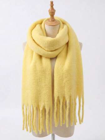 1 pieza Bufanda de invierno para mujer, tacto suave de cachemira sintética, gruesa y cálida, bufanda de felpa con borlas de unicolor, chal para damas para exteriores