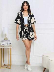 Kimono And Shorts, Kimono And Shorts Set, End Of Year Kimono, Kimono And Cropped Christmas Set, Cropped, Kimono, - 黑色 - 查看 7