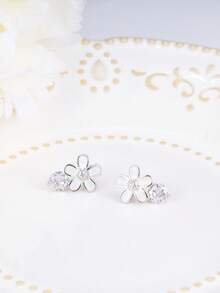 925 Sterling Silver Earrings, Fashionable Cubic Zirconia Flower Stud Earrings, Hypoallergenic, Suitable For Daily Wear, Birthday Gift - Silver - View 3