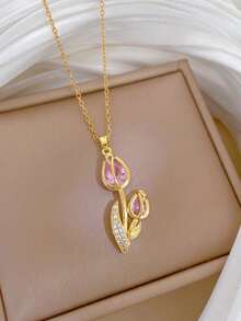 1pc Stainless Steel Chain Zirconia Tulip Pendant Fashion Necklace Jewelry, Gift Accessory - Type a - View 2