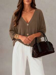 Cárdigan de mujer con cuello en V, de ganchillo, hueco, semitraslúcido, con caída en los hombros y abotonado, casual y de moda, básico, ligero y holgado, para primavera/verano/otoño - Camel - Ver 3